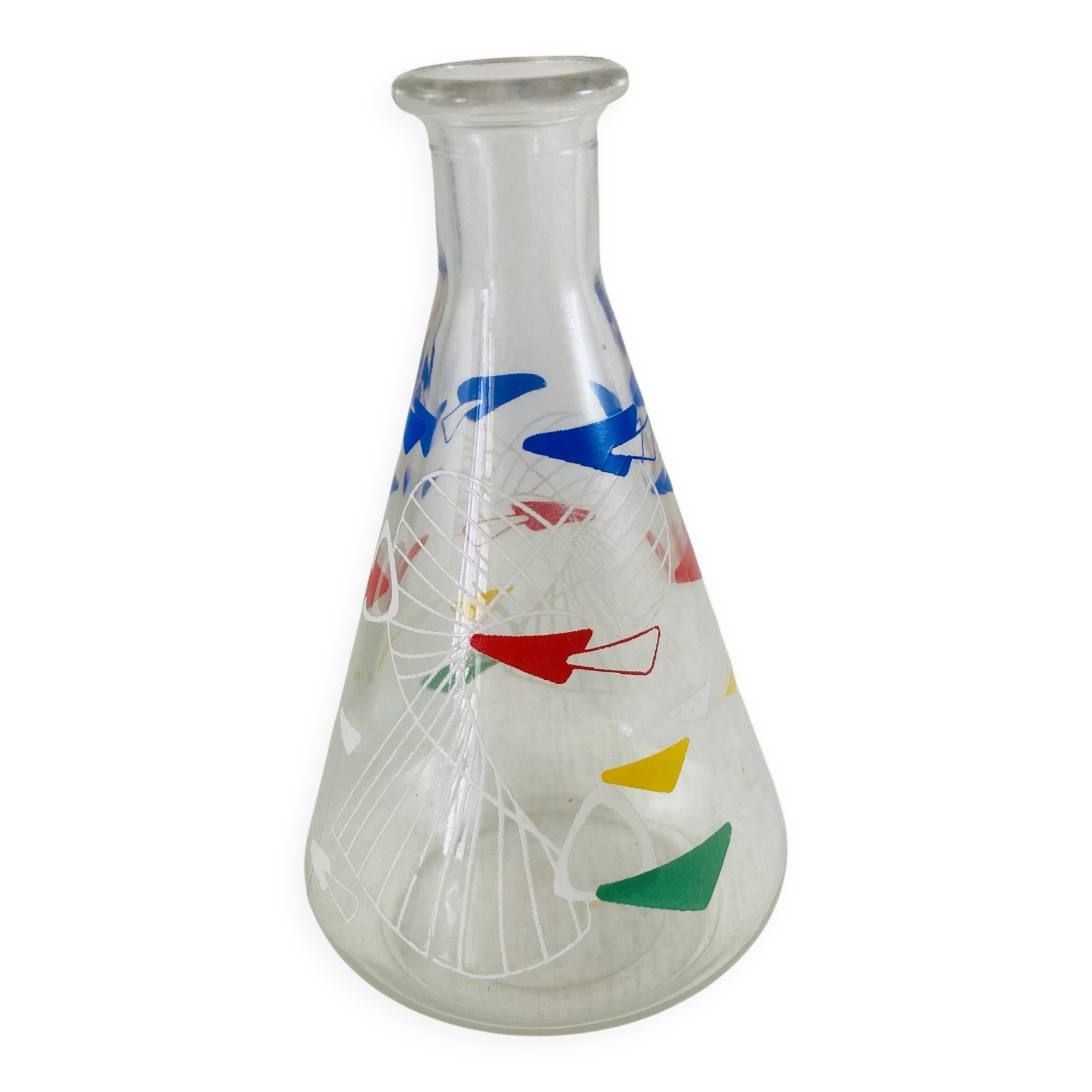 Vintage glass carafe 1960 Atomic boomerang decor blue red yellow