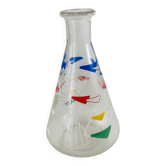 Carafe en verre vintage 1960 décor Atomic boomerang bleu rouge jaune
