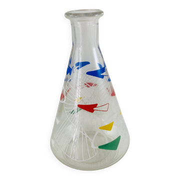 Carafe en verre vintage 1960 décor Atomic boomerang bleu rouge jaune
