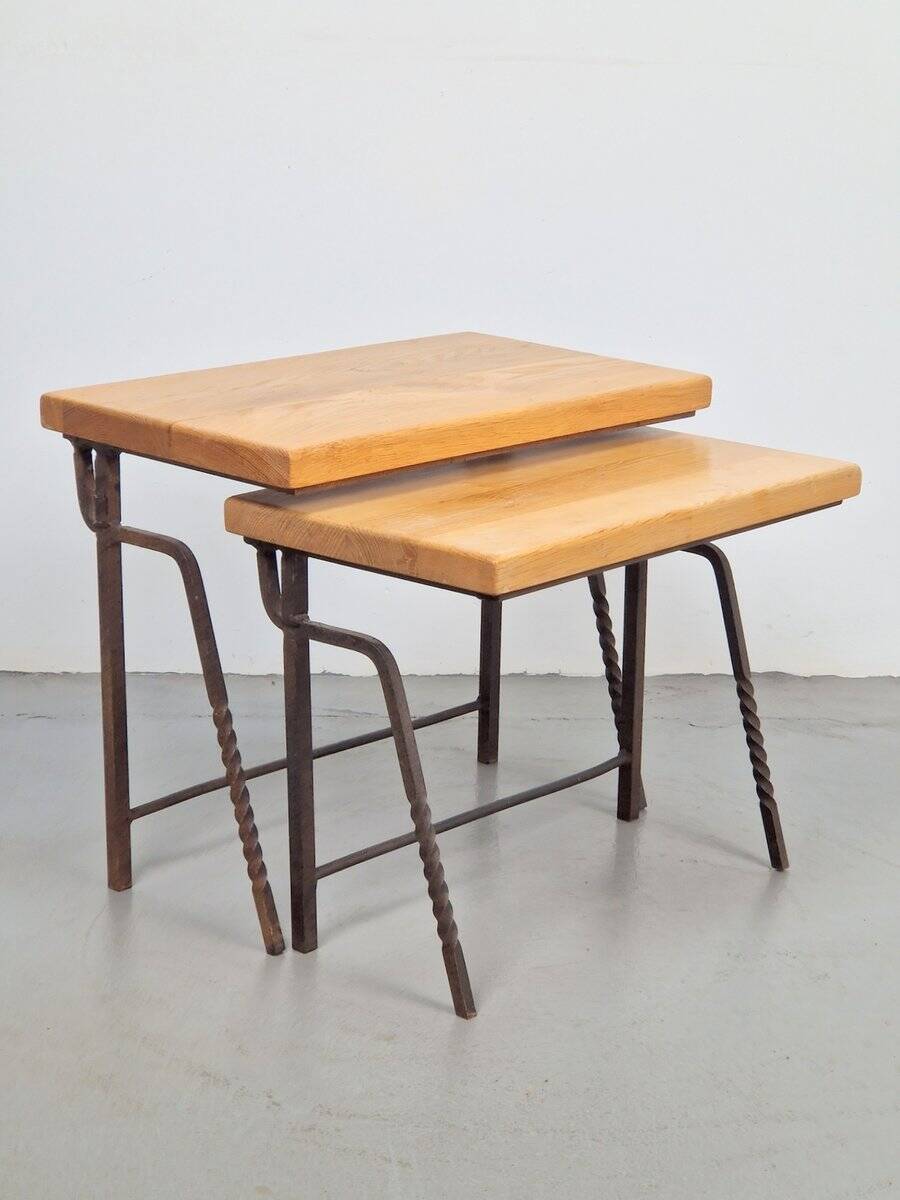 Brutalist Cast Iron and Oak Nesting Tables, 1970s, Set of 2