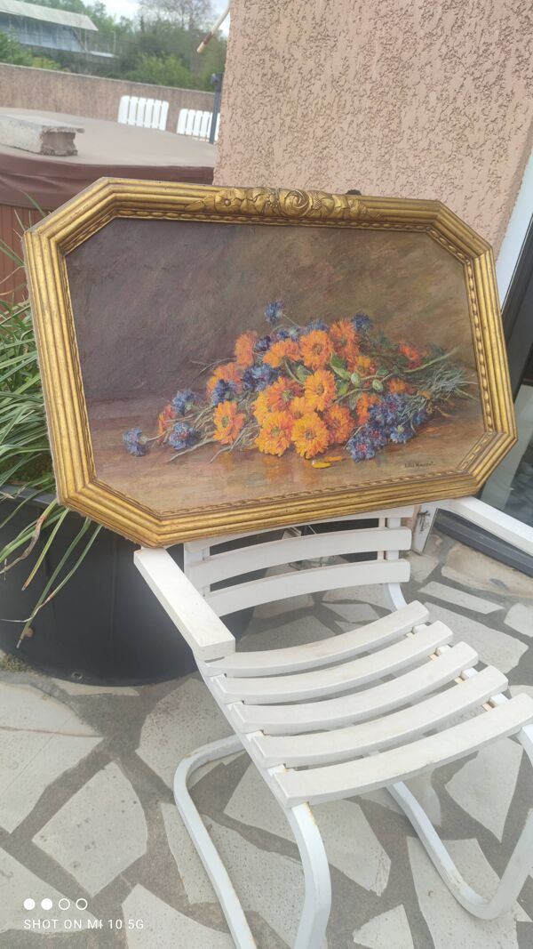 Nature morte bouquet de fleurs huile sur bois par Lillie Honnorat