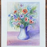 Aquarelle Nouredine signature à identifier nature morte bouquet de fleurs
