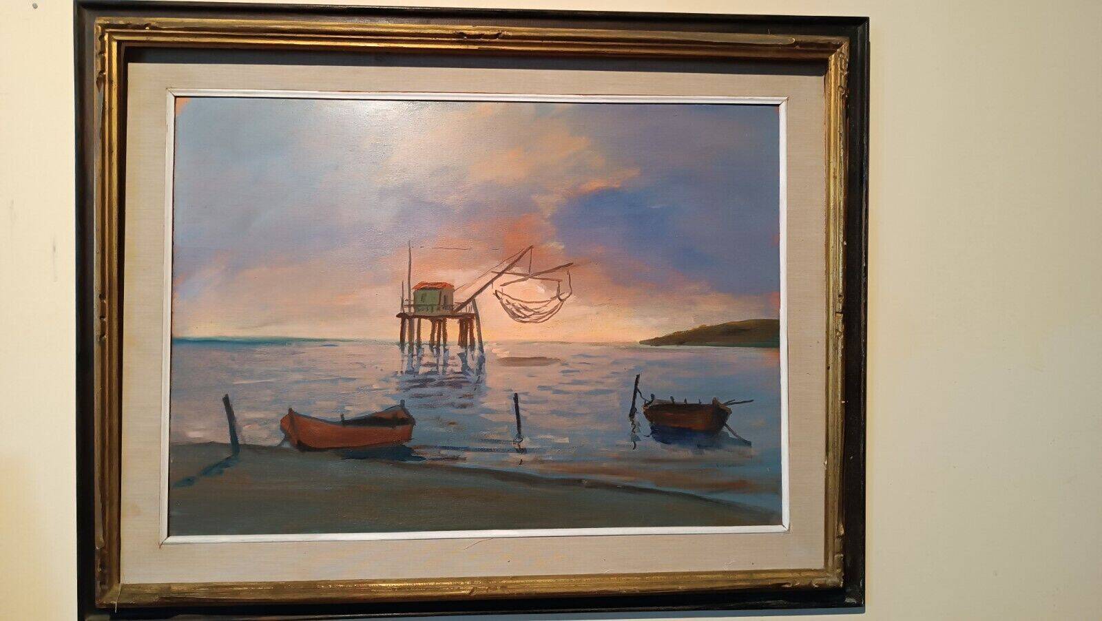 Oil painting on faesite 70s mouth of the Arno Pisa