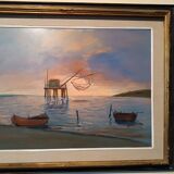 Oil painting on faesite 70s mouth of the Arno Pisa