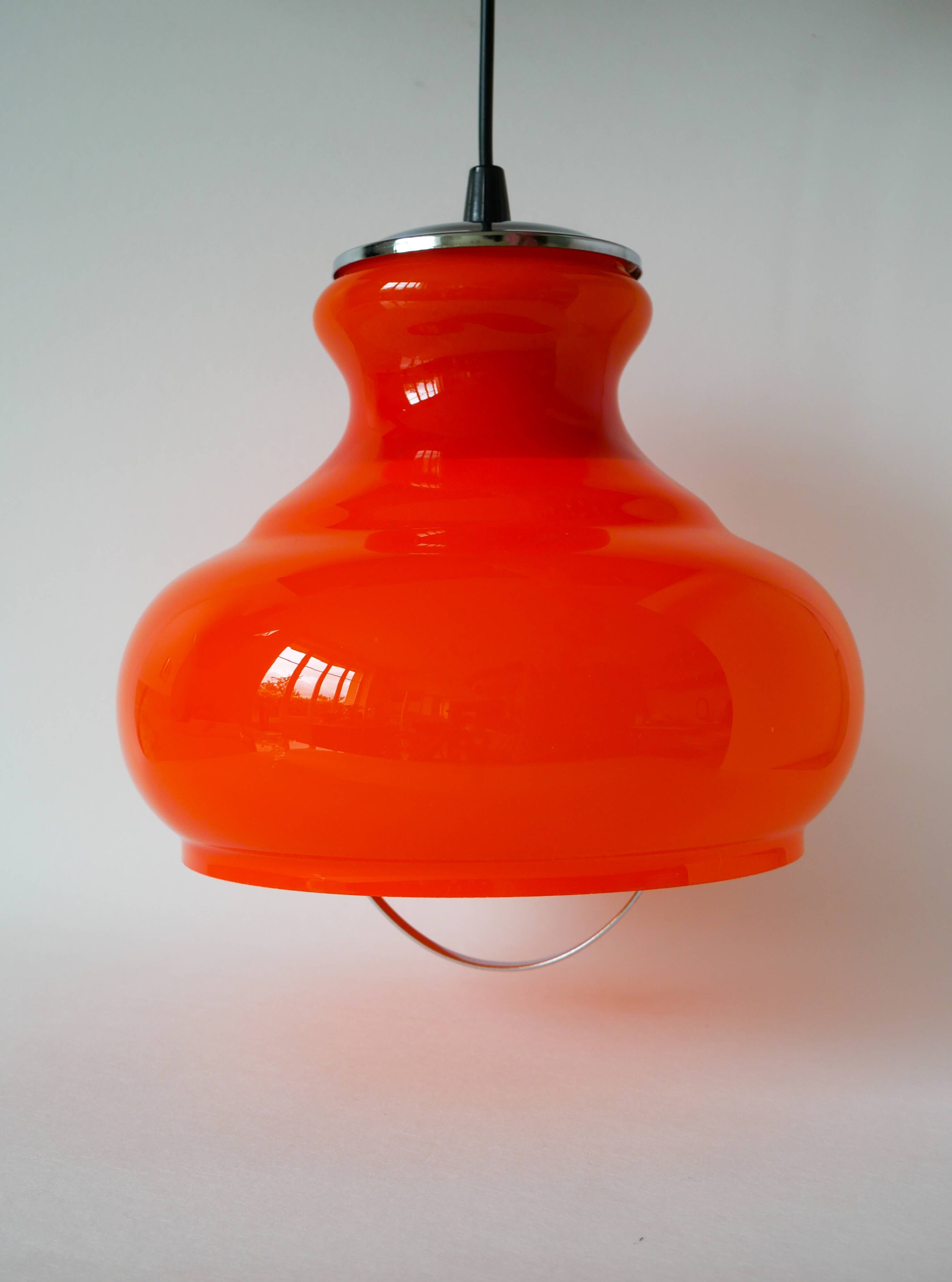Orange opaline pendant light with metal arch, Design, 1970