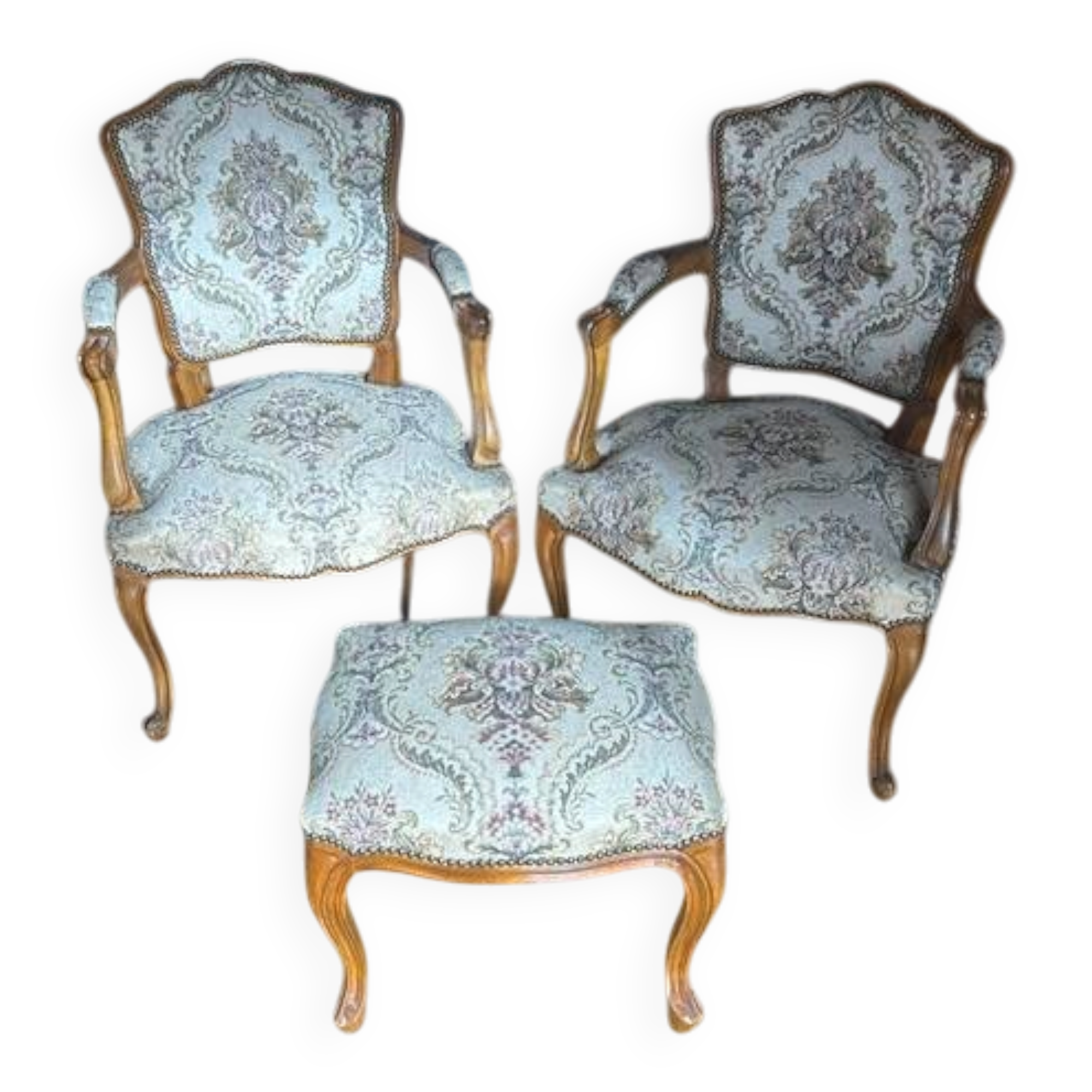 Upholstered chairs in cherry wood, Regency style, Louis XIV with its footrest (set).