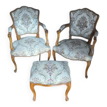 Fauteuils tissus merisier régence louisXIV avec son repose pieds(lot)
