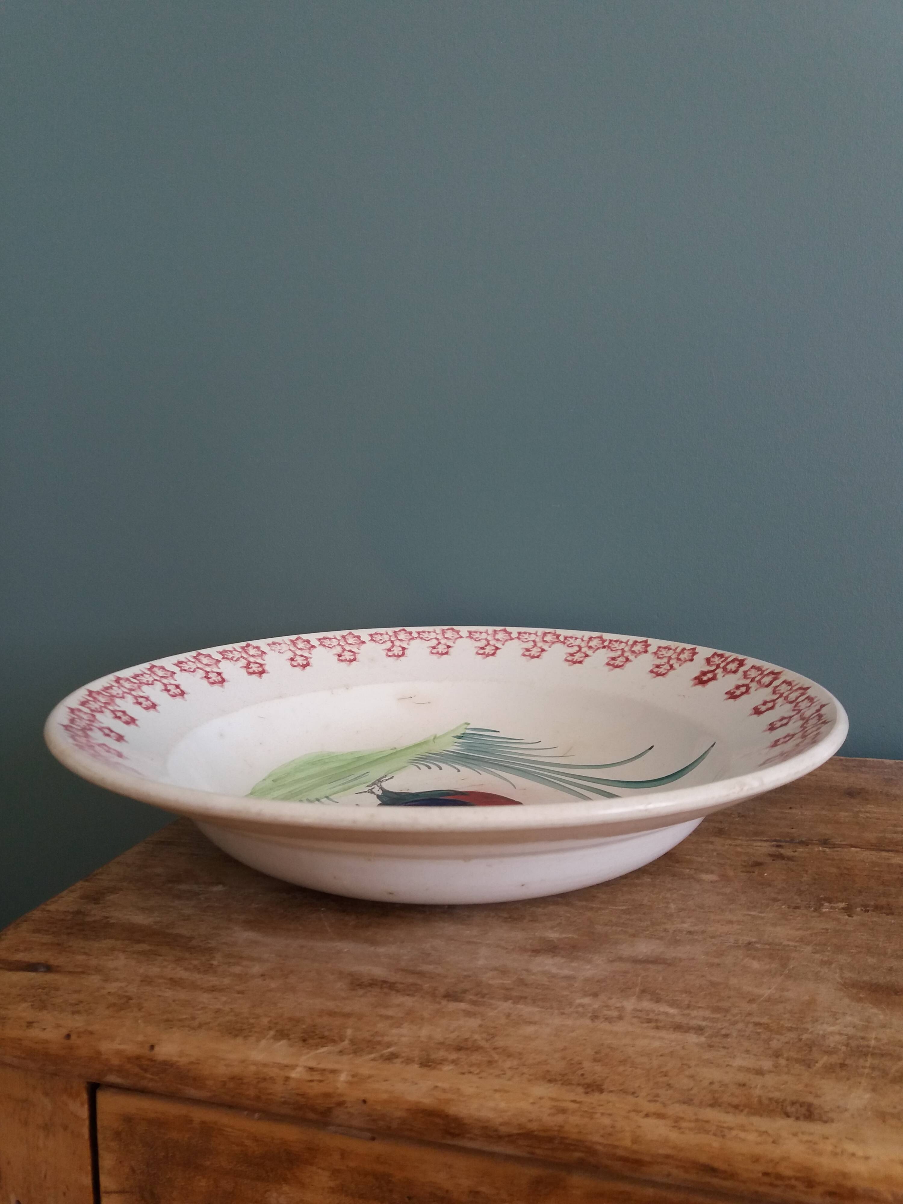 Antique deep dish with hand-painted rooster, Charolles earthenware