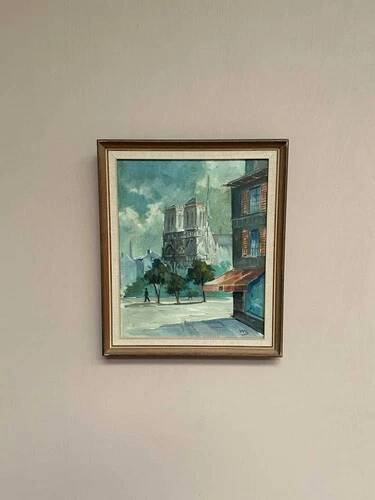 Huile sur toile du milieu du siècle – « Scène de ville » par WB, signée, vintage et encadrée 40×47cm