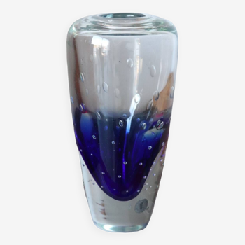Vase murano en verre bleu et blanc à bulles