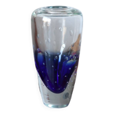 Vase murano en verre bleu et blanc à bulles