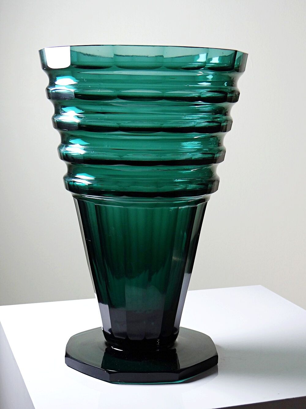 Large antique Art Deco emerald cut crystal vase, Bohemia 1920-1930
