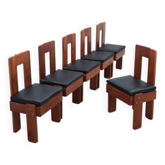 Set of 6 Brutalist solid wood chairs, Italy 1960s