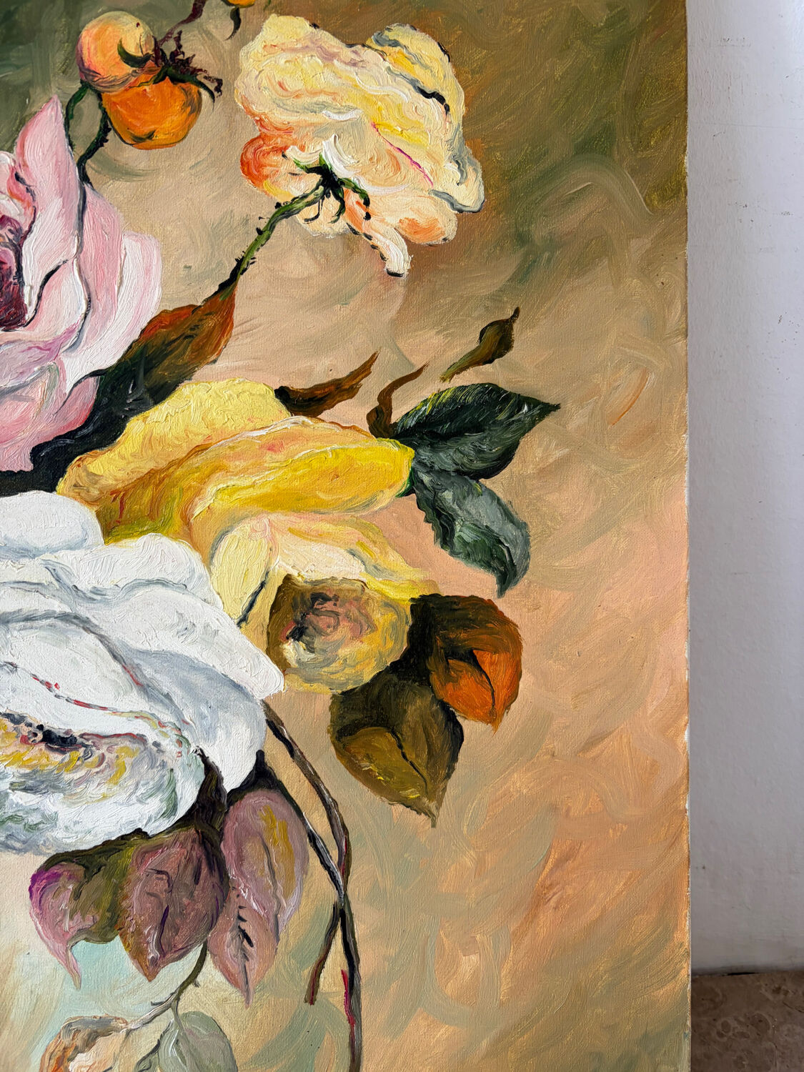 Autumn roses, oil on canvas signed Esterel.