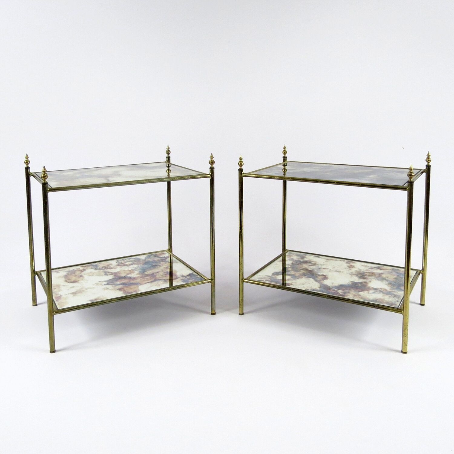 Set of 2 French brass and mirror side tables, 1970s