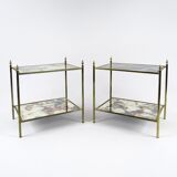 Set of 2 French brass and mirror side tables, 1970s