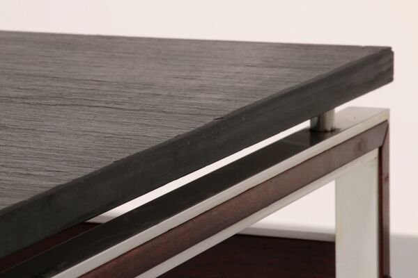 Table basse en ardoise, chrome et bois, 1970 Danemark
