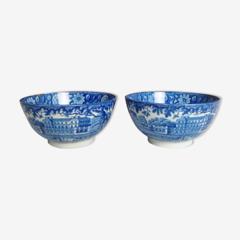 Pair of blue and white breakfast bowls with country style décor