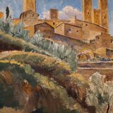 Peinture à l'huile De Hans Lindén /1938 / San Gimignano Italie
