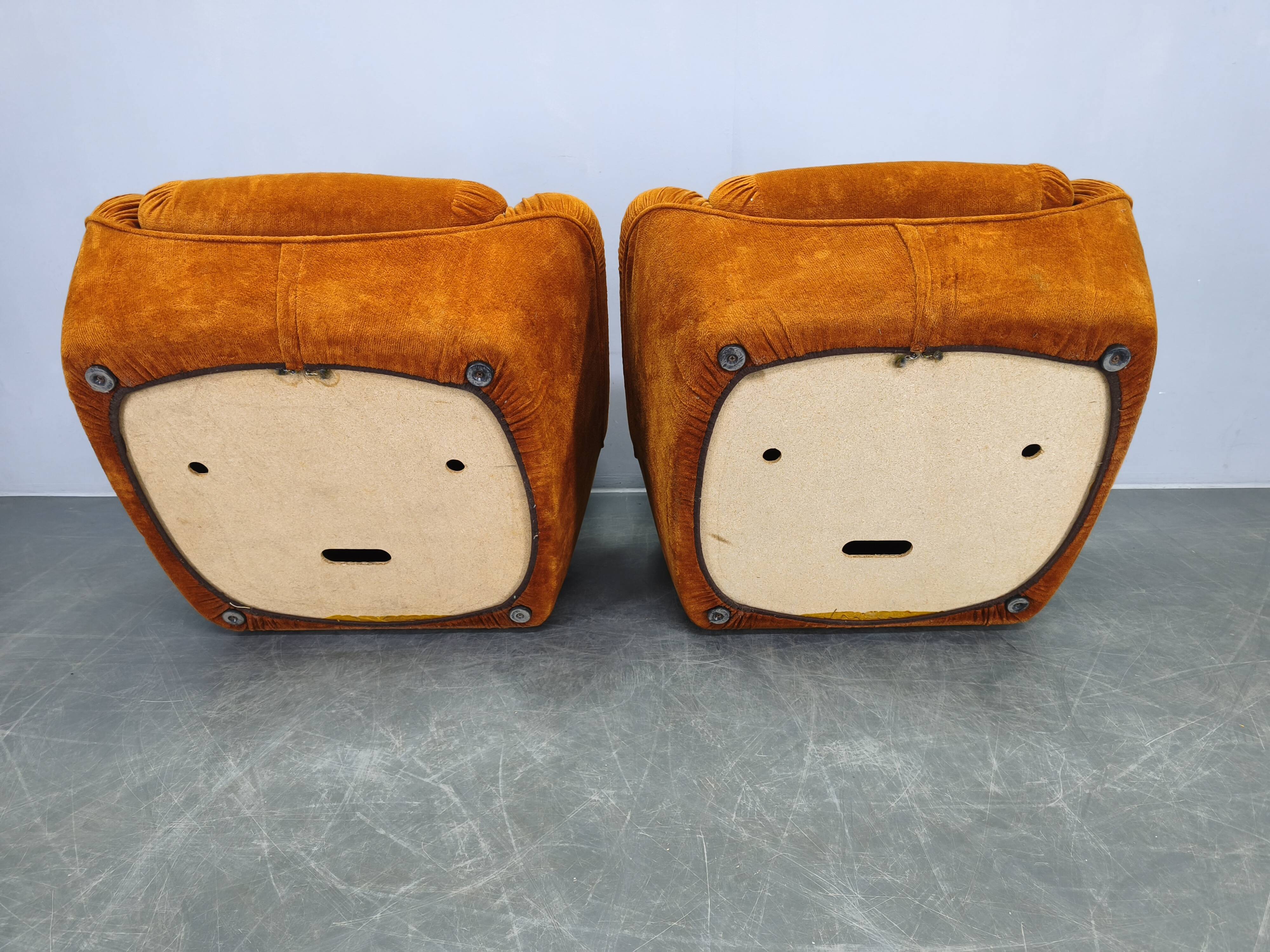 Pair of Italian Space Age Lounge Chairs, Orange Upholstery, 1970s