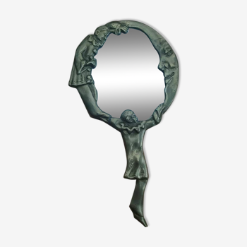 Antique hand-facing mirror in bronze, Pierrot the moon