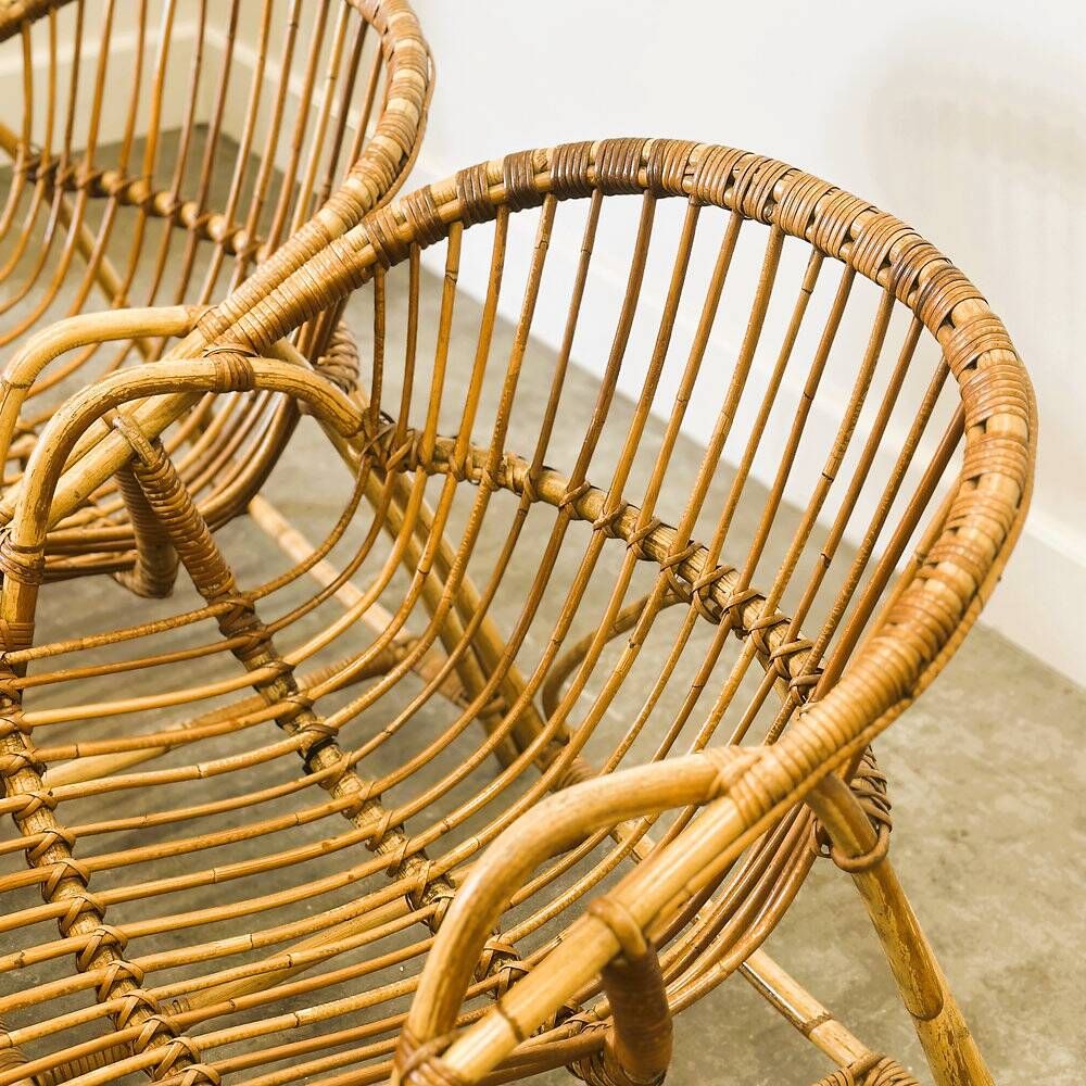 Mid-century French Riviera rattan lounge chairs – pair – 1960s organic design