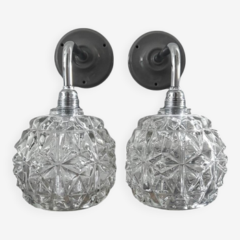 Pair of chrome wall lights and chiseled glass