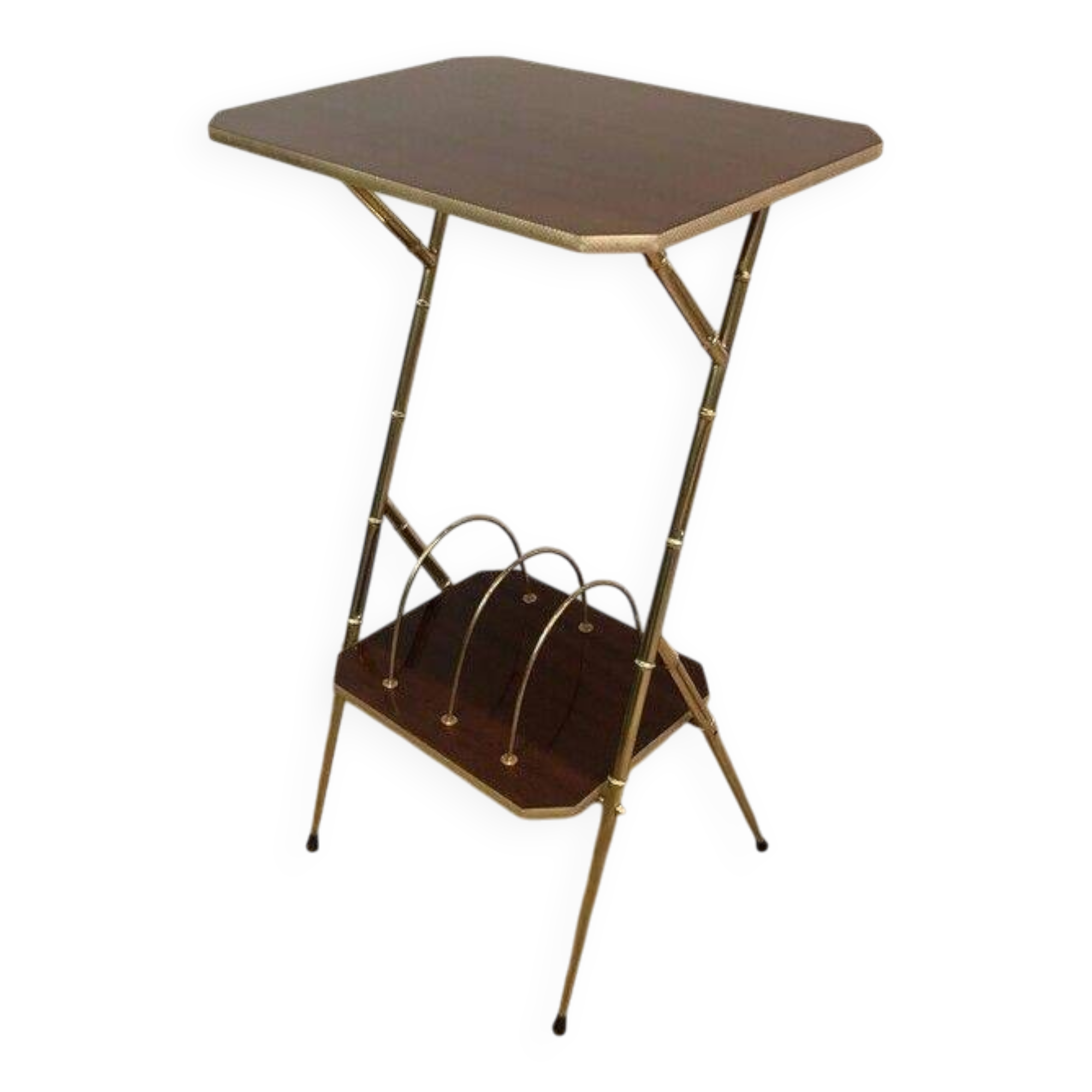 Mahogany and gold metal stool in faux-bamboo style.
