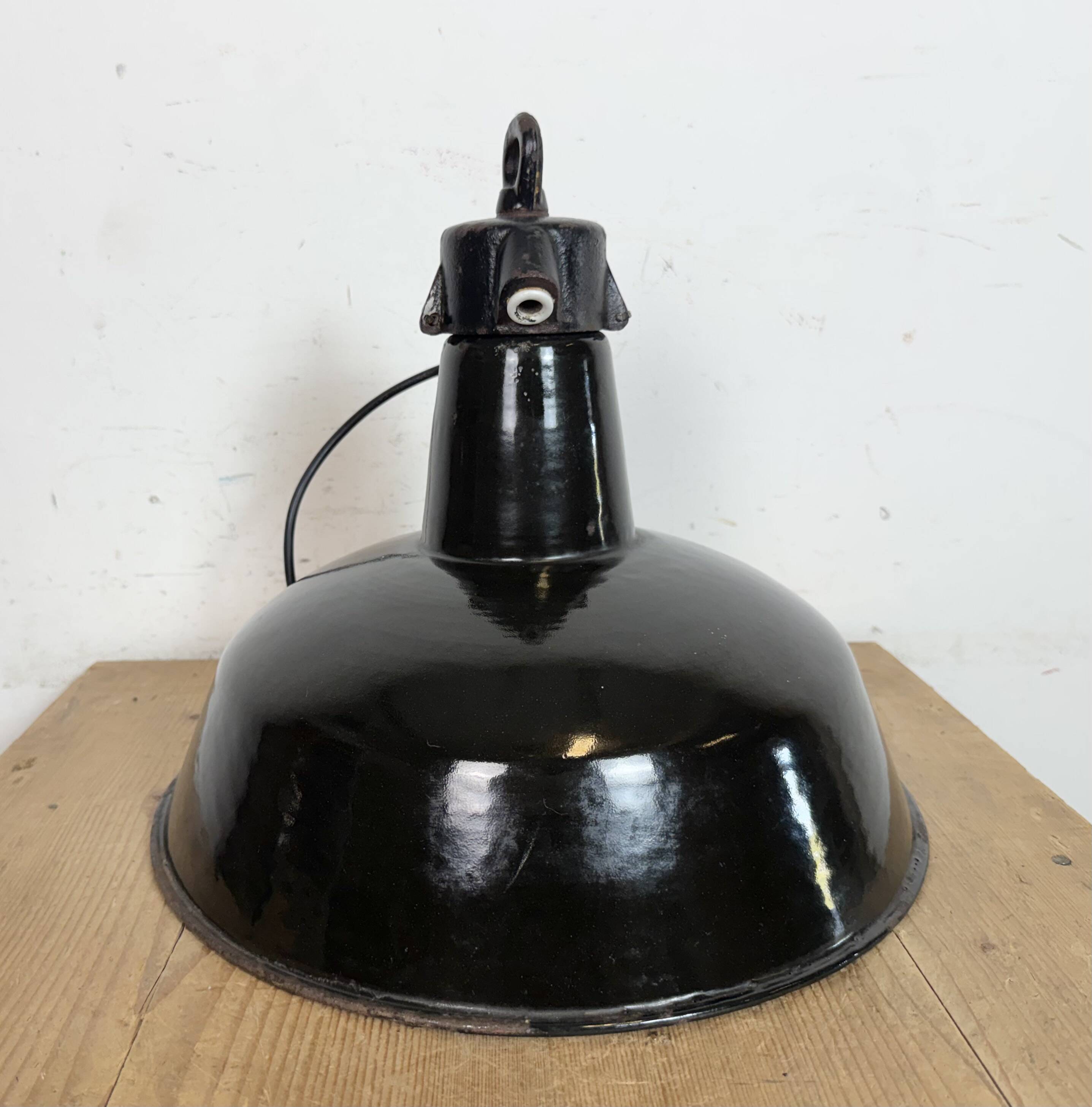 Industrial Black Enamel Factory Lamp with Cast Iron Top, 1950s