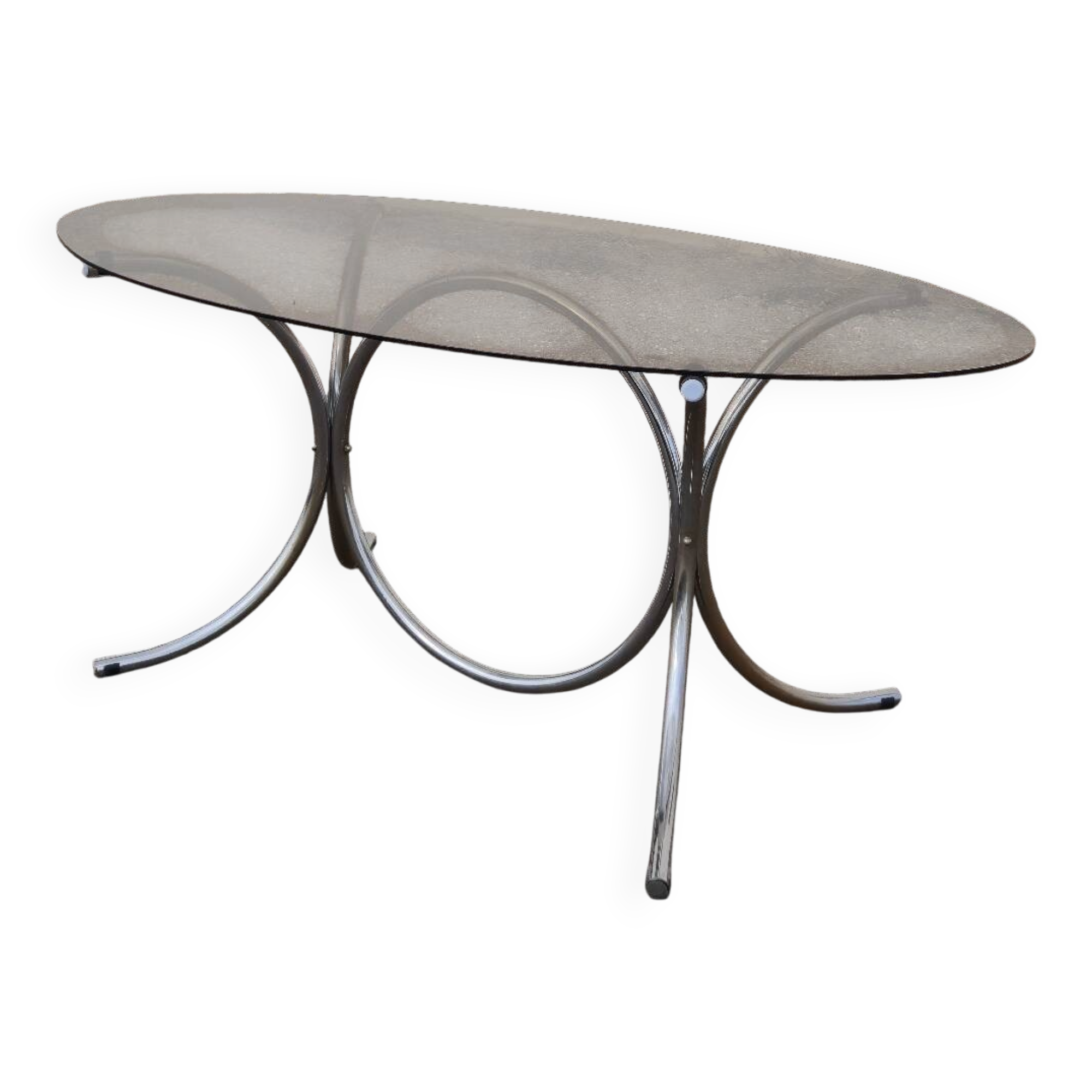 Vintage oval design table in smoked glass and chrome legs