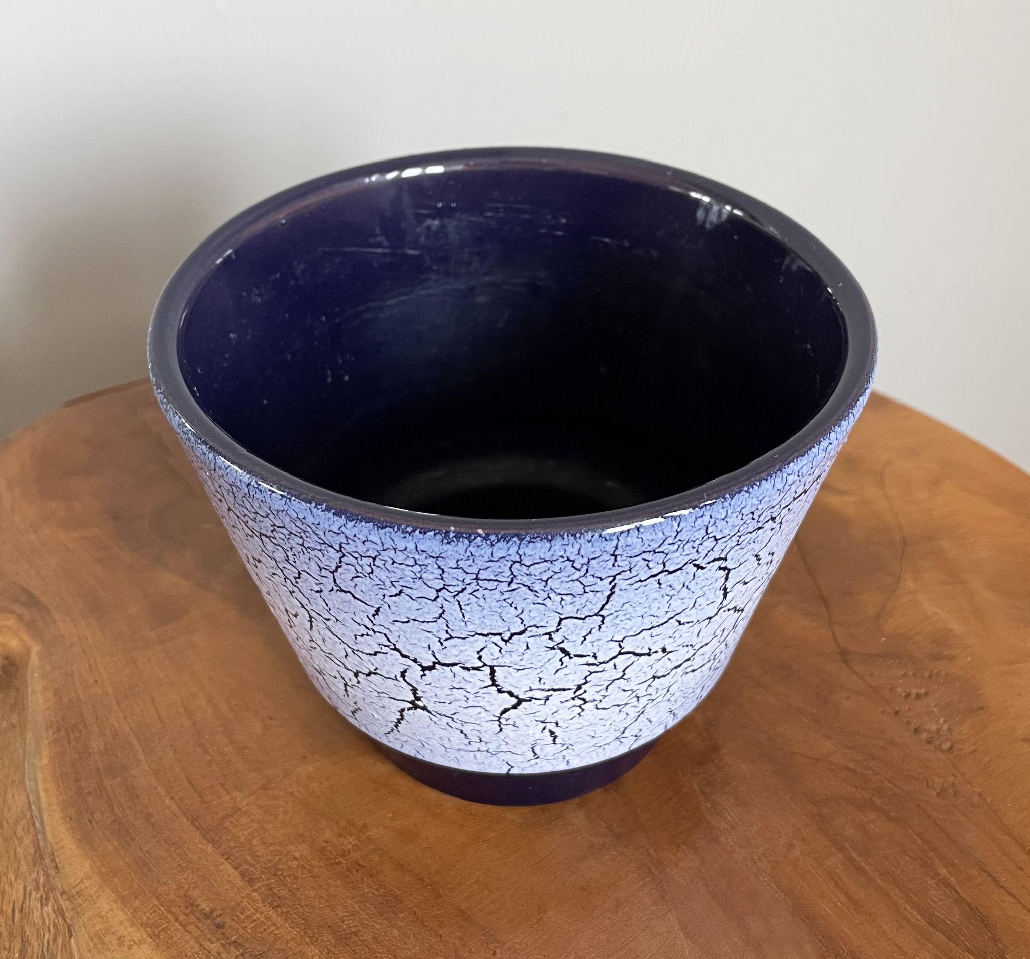 Crackled Reduction Glaze Planter in Blue and White Colours, Vintage Retro Flower Pot