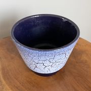 Crackled Reduction Glaze Planter in Blue and White Colours, Vintage Retro Flower Pot