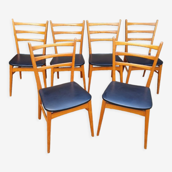 Set of 6 teak chairs and imitation black leather an 60 scandinavian design