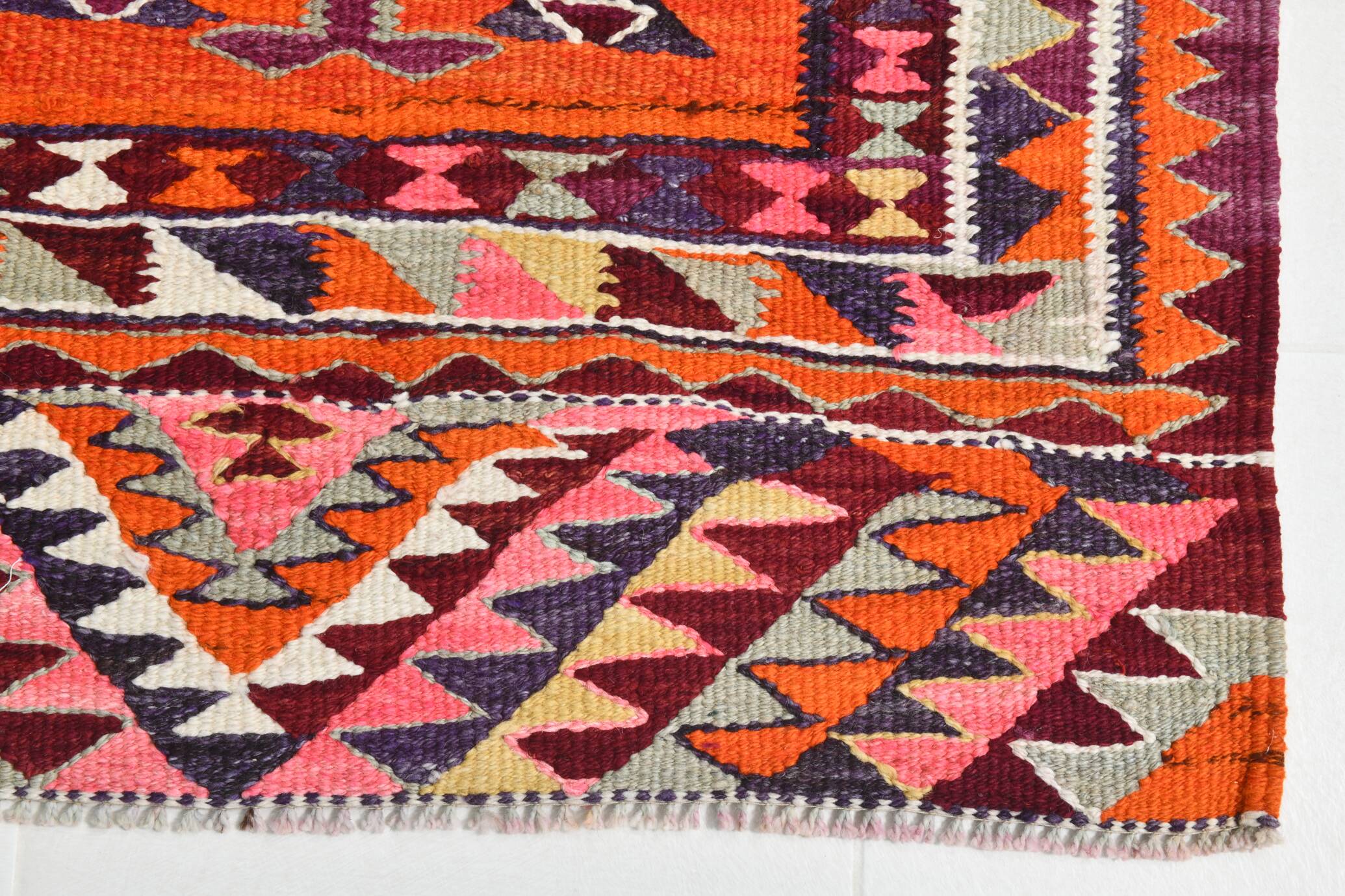 Burgundy & Orange Vintage Kilim Runner Rug, 92x292Cm
