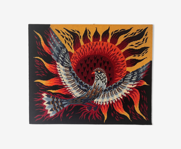 Tapisserie vintage "Oiseaux de nuit" fait main, 1970, Style Lurçat