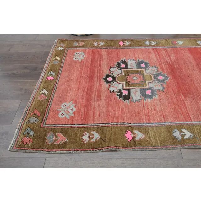 Handmade Turkish Vintage Oushak Runner Rug Pink Green Runner 105x327