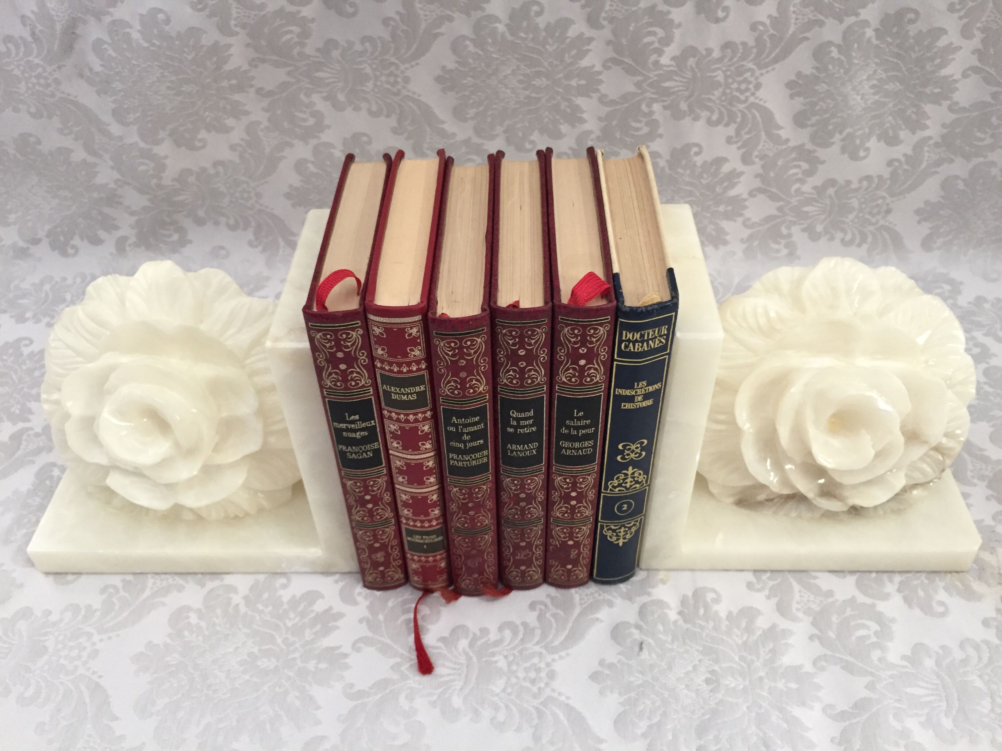 Pair of vintage alabaster bookends decor flower 1970