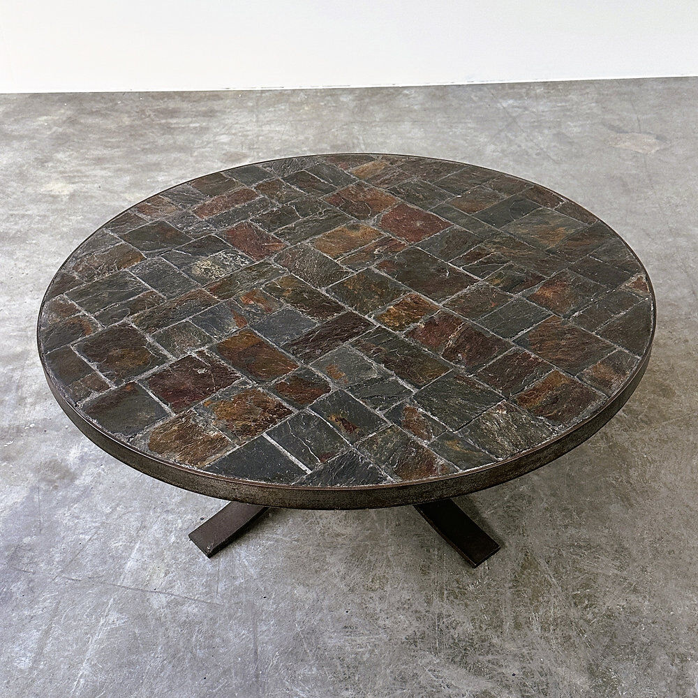 1970s round slate stone mosaic coffee table with sculptural metal base