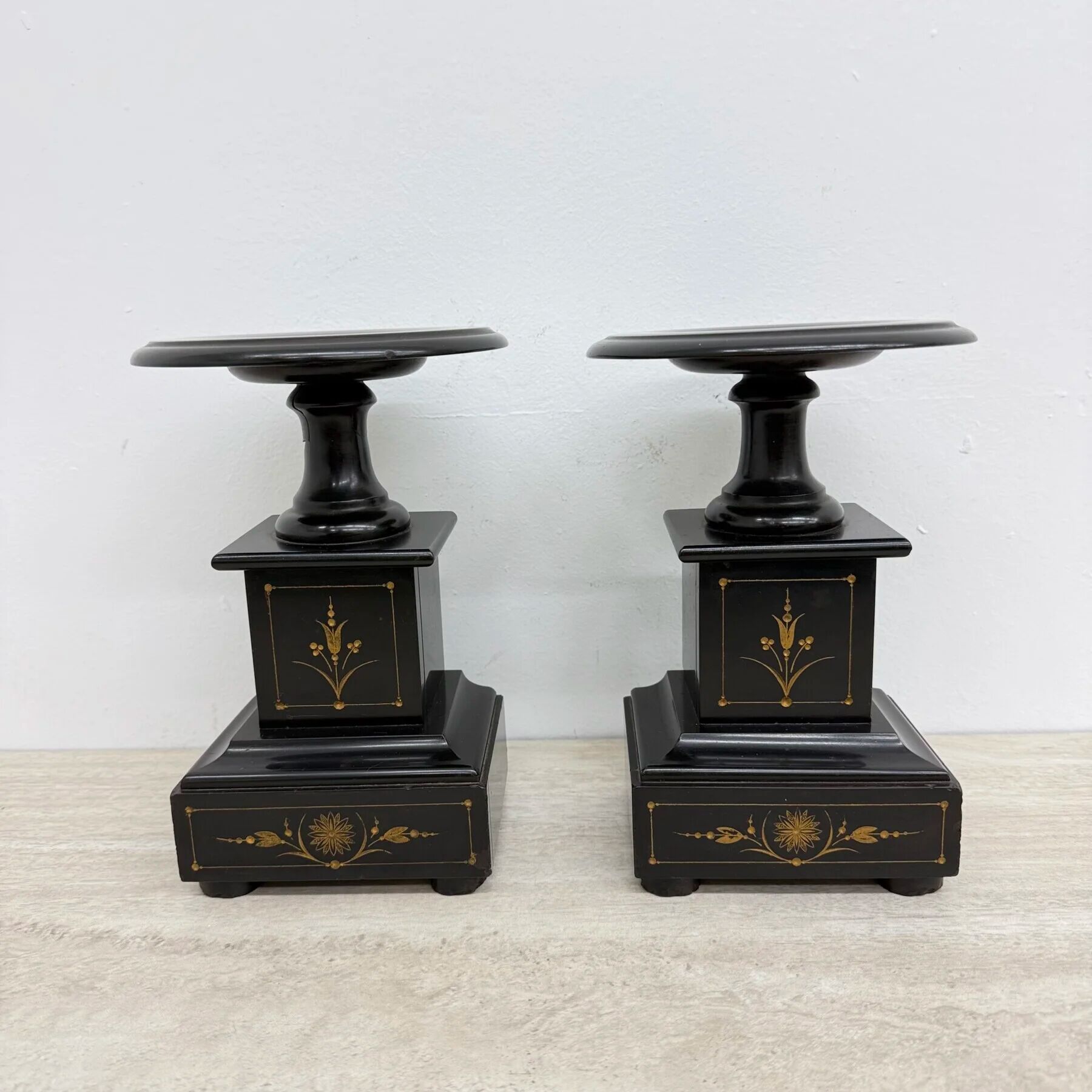 Antique French black marble cassoulets gilt decor pedestals neoclassical pair, 1900s