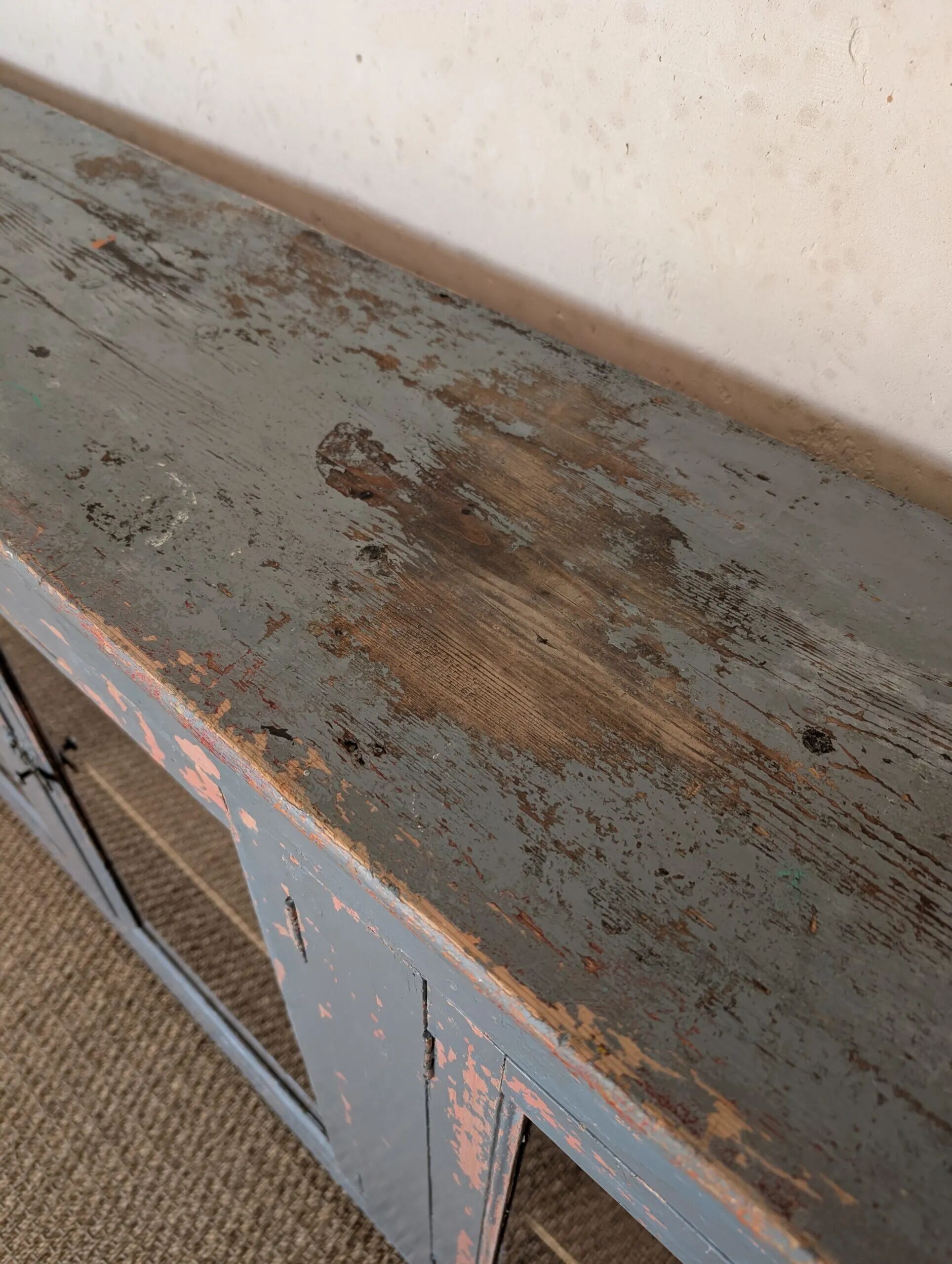 Glazed enfilade antique workbench – blue patina