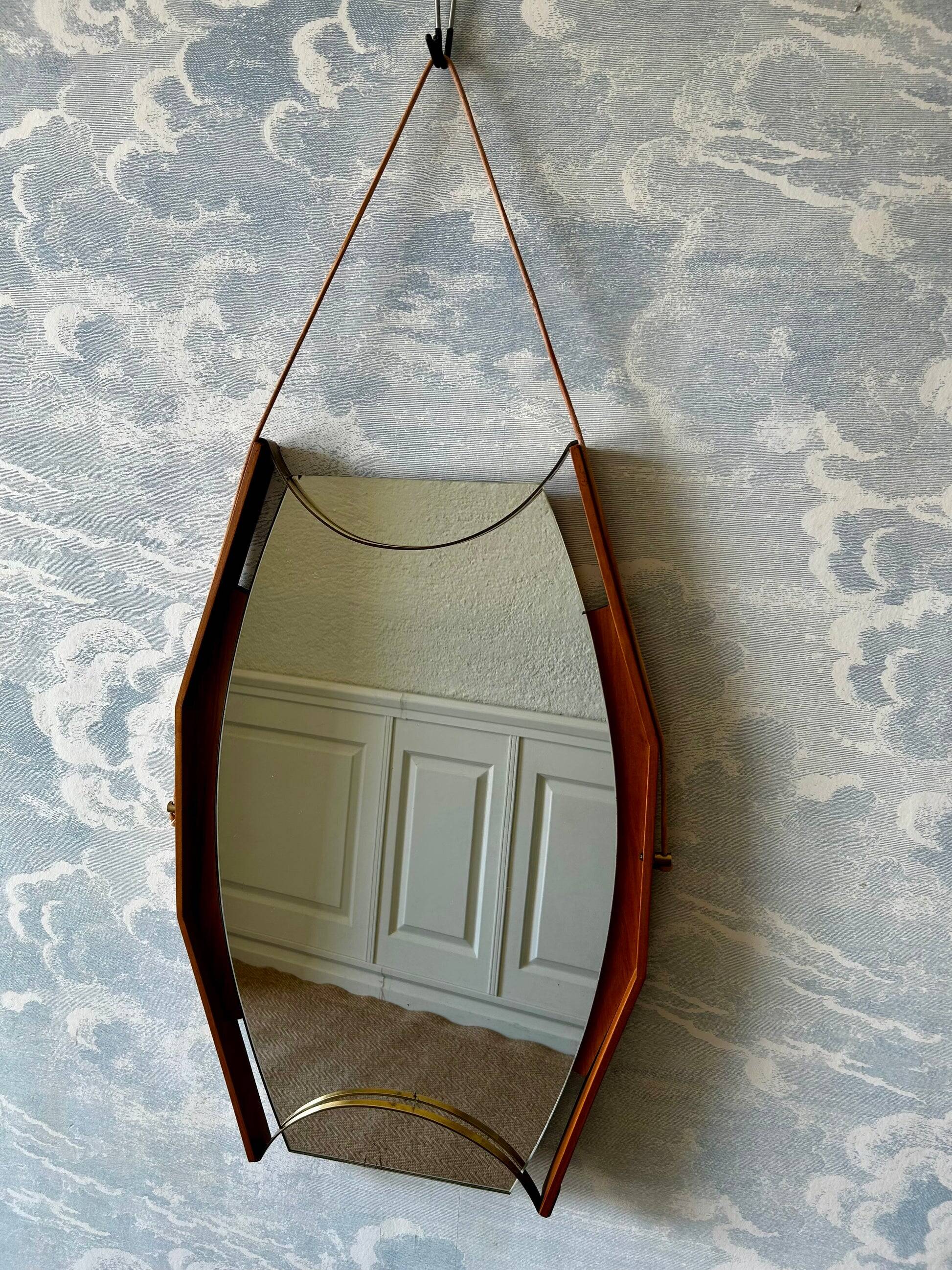 Wall mirror with brass detail and leather mounting, Vetreria Andreini, Ravenna, Italy, 1950s