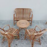 Set bench table and two armchairs in rattan 1950 vintage