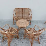 Set bench table and two armchairs in rattan 1950 vintage