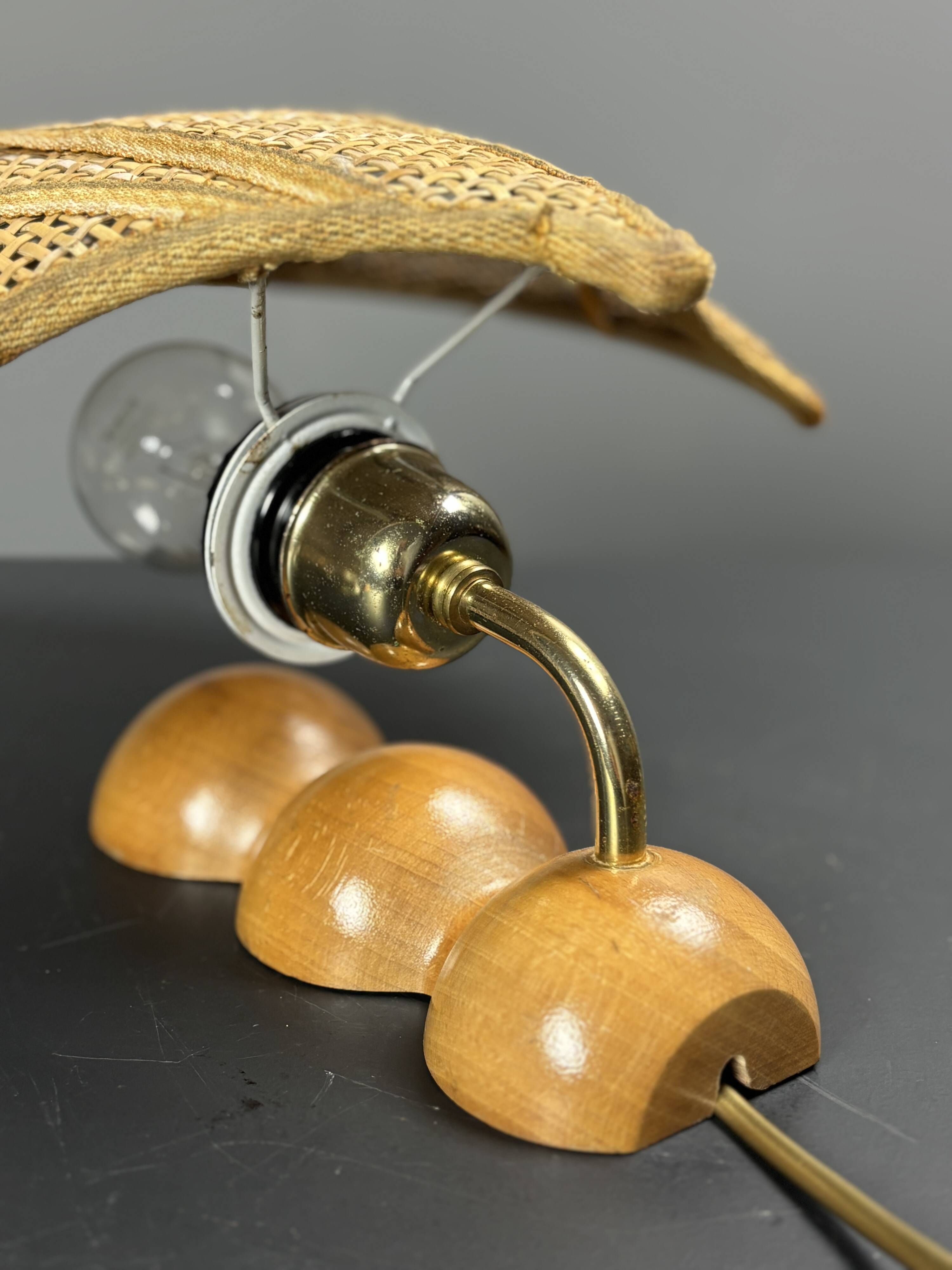 Pair midcentury Italian rattan wicker pine brass scallop wall sconces 1970s