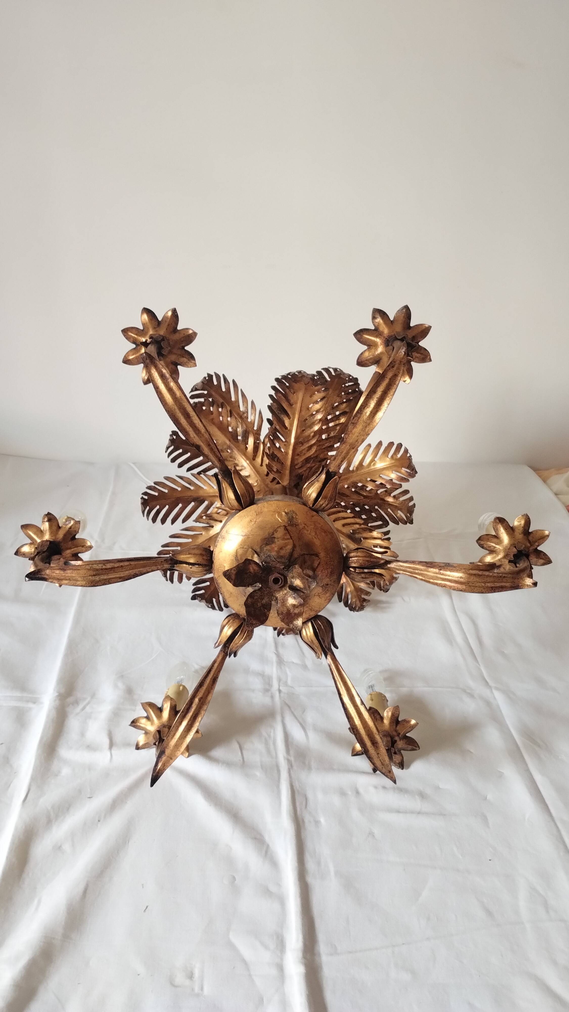 Vintage 1970s gold-tone metal palm tree chandelier with 6 arms