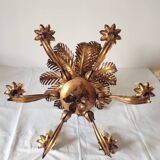 Vintage 1970s gold-tone metal palm tree chandelier with 6 arms