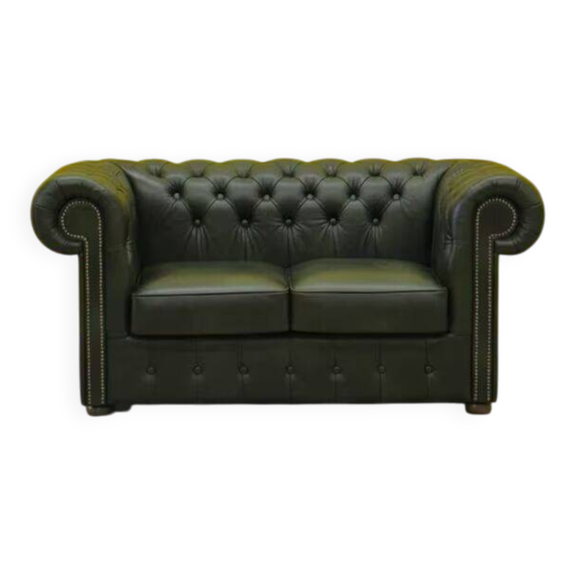 Vintage Green Leather Chesterfield Sofa: Two Seater