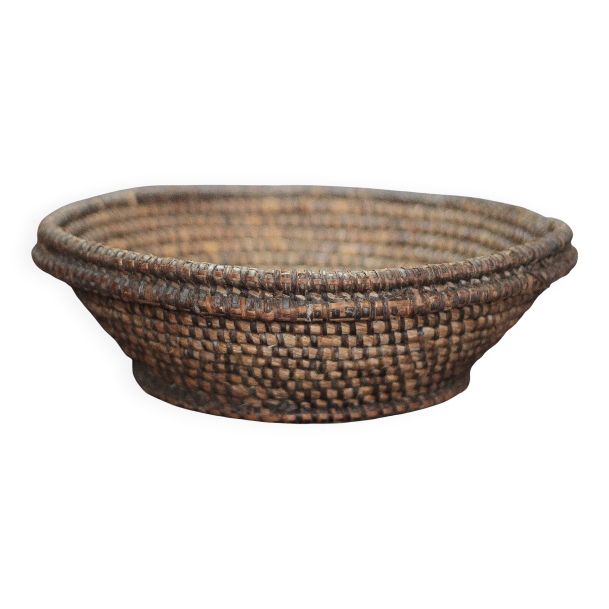 Large old wicker bowl, straw and bramble, woven bowl, rustic.