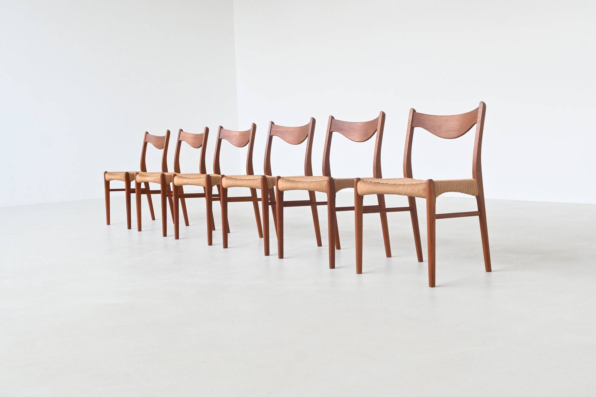 Arne Wahl Iversen set of six dining chairs in teak Glyngore Denmark 1960