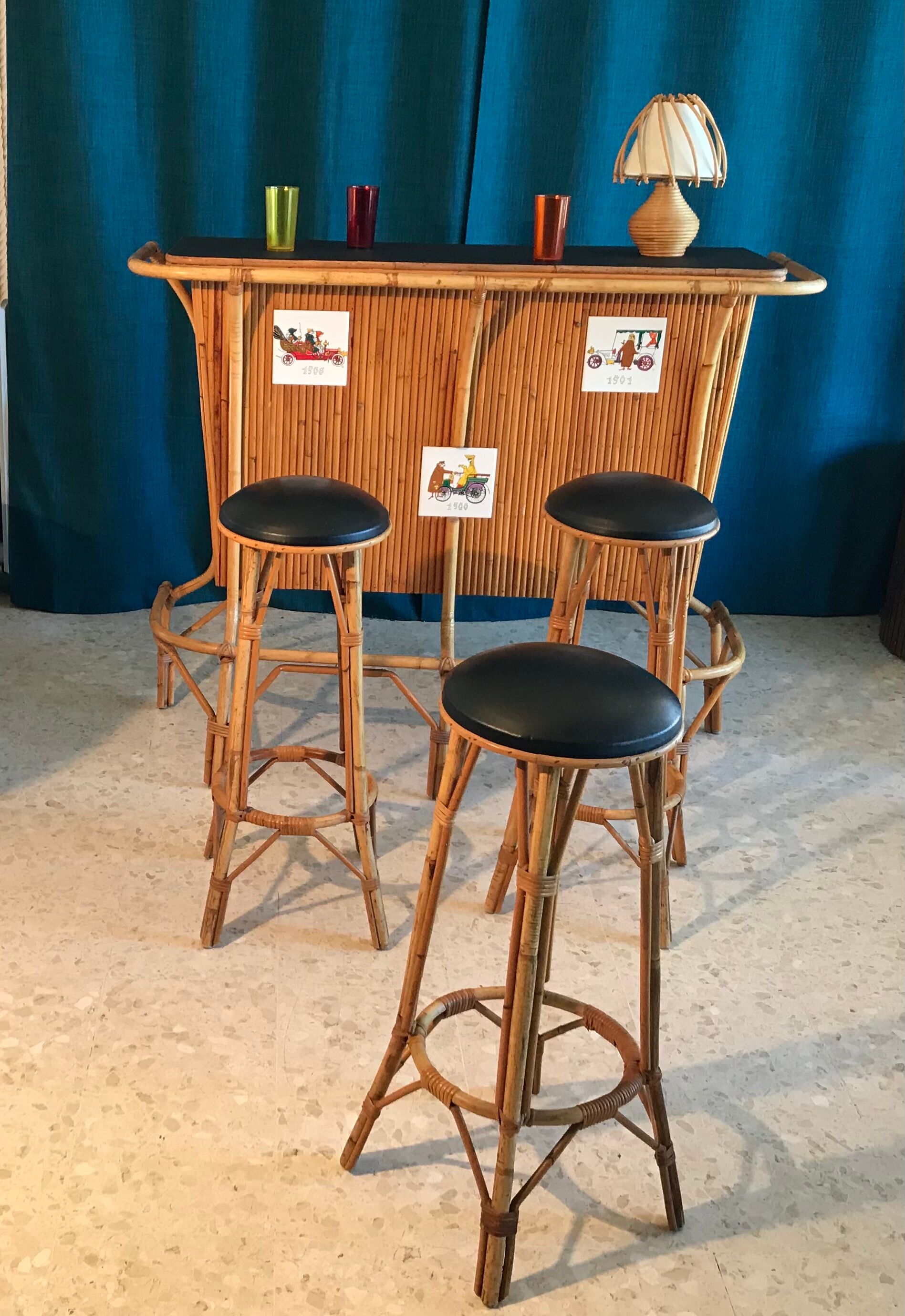 Bar and rattan stools 60s